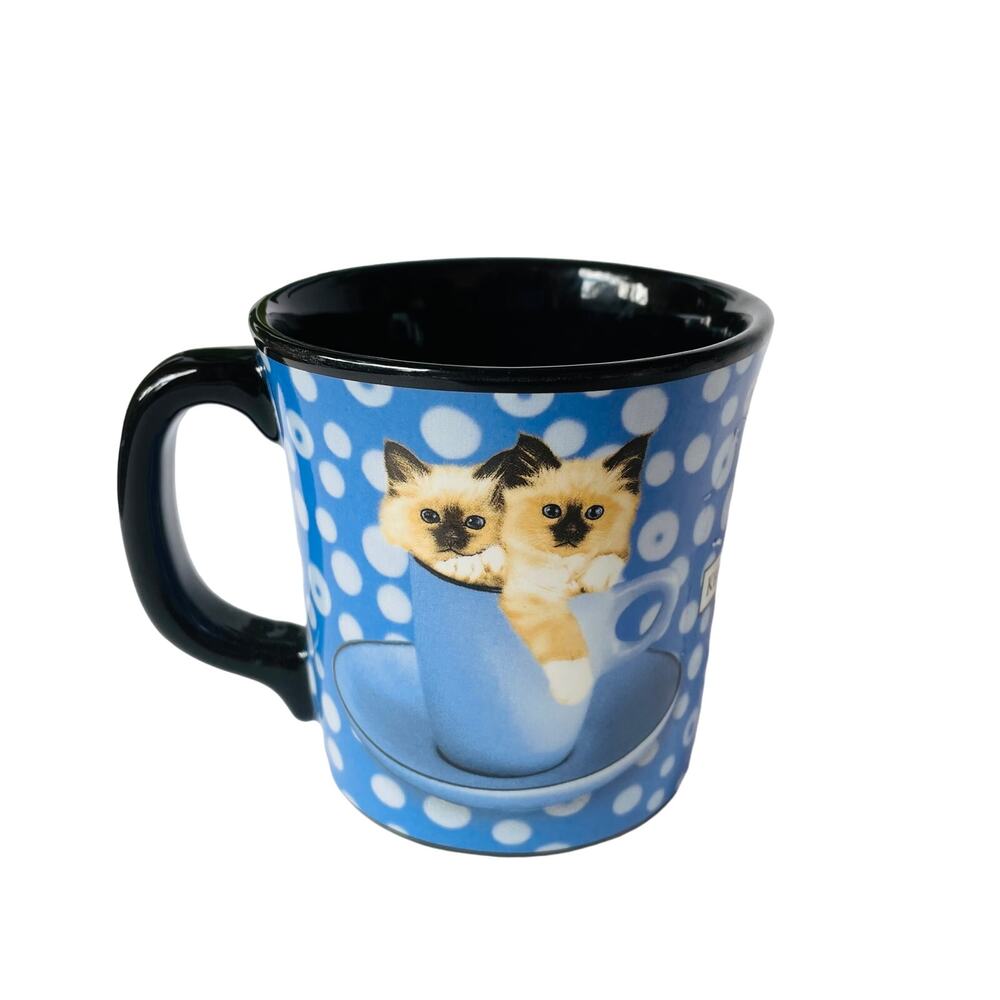 Keith Kimberlin Siamese Kittens Cat Polka Dot Mug Coffee Tea Cup Blue White
